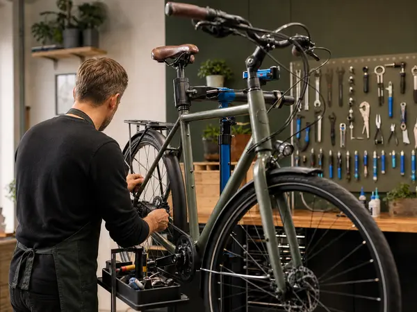 Cykelmekaniker arbejder p&aring; en cykel