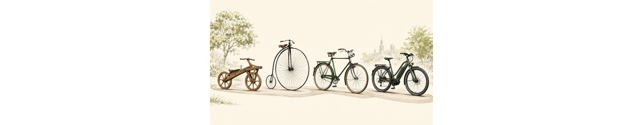 Illustration af cyklens udvikling fra draisine og v�ltepeter til citybike og moderne elcykel