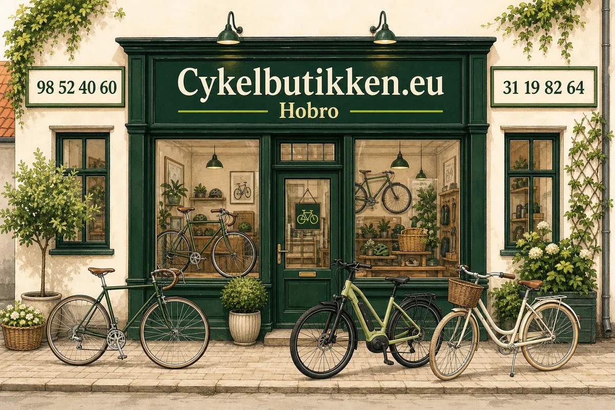 Tegnet Cykelbutikken.eu i Hobro med telefon 98 52 40 60 og 31 19 82 64