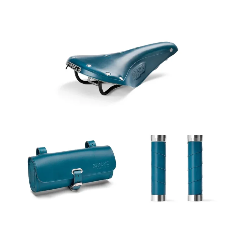 Brooks Teal Bundle s�t med B17 sadel, Challenge sadeltaske, Slender l�derh�ndtag