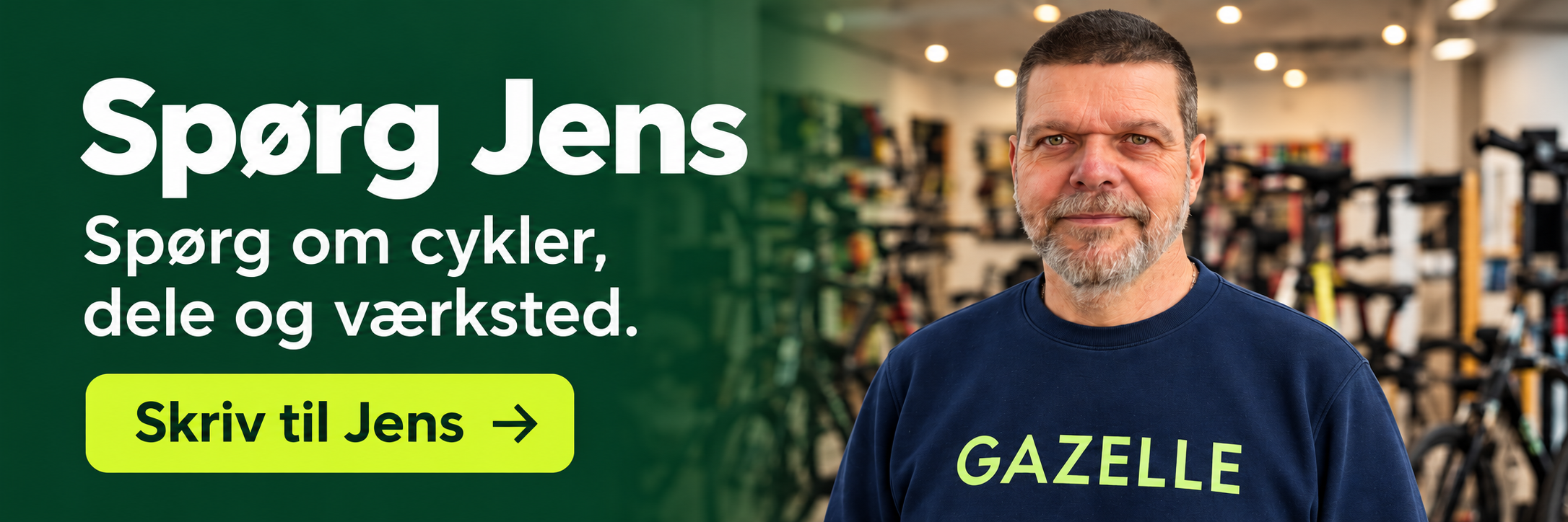 Sp&oslash;rg Jens. Sp&oslash;rg om cykler, dele og v&aelig;rksted. Skriv til Jens.